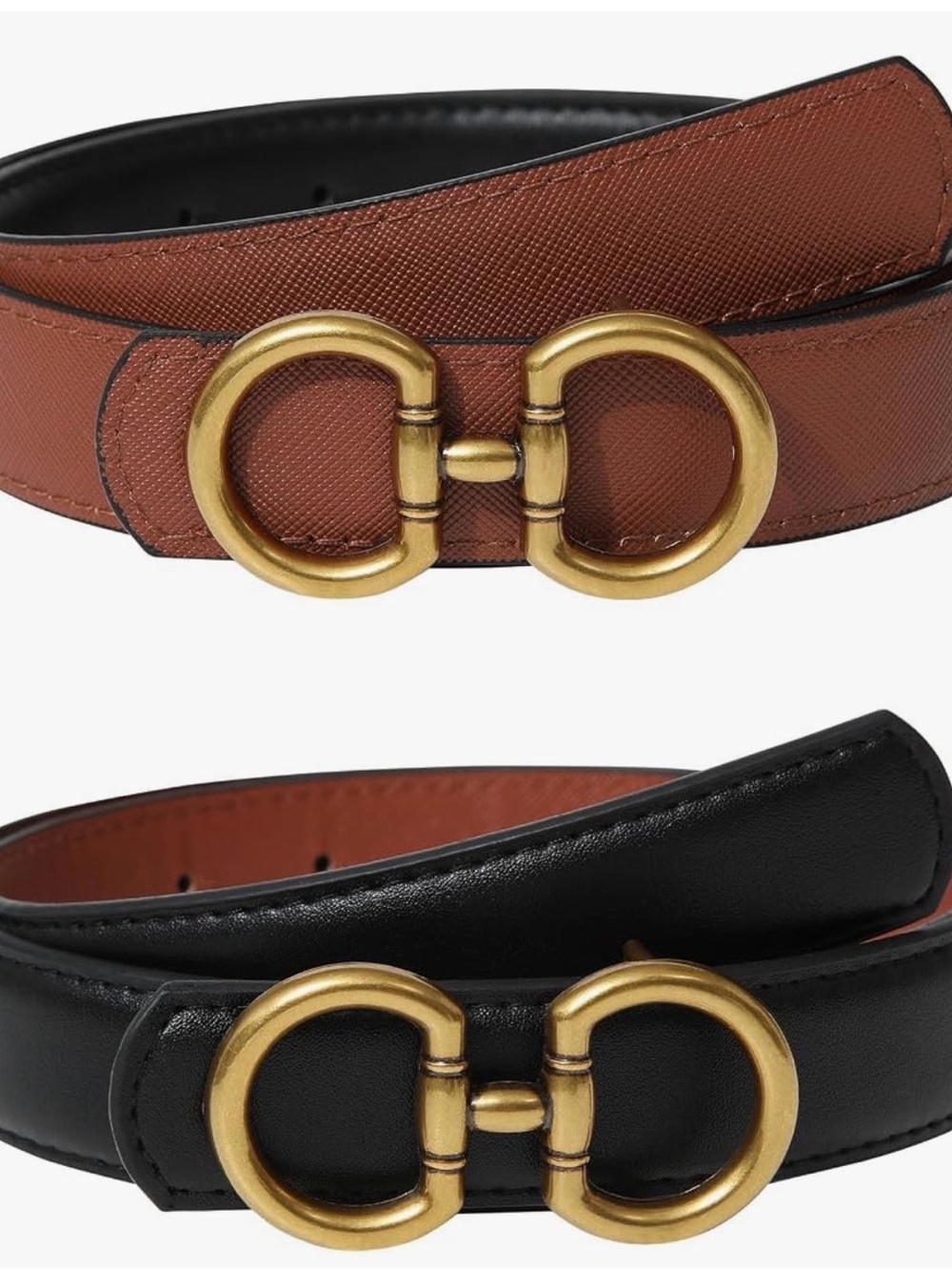 Reversible Black Cognac Belt Gold Double Ring Buckle 27 to 33